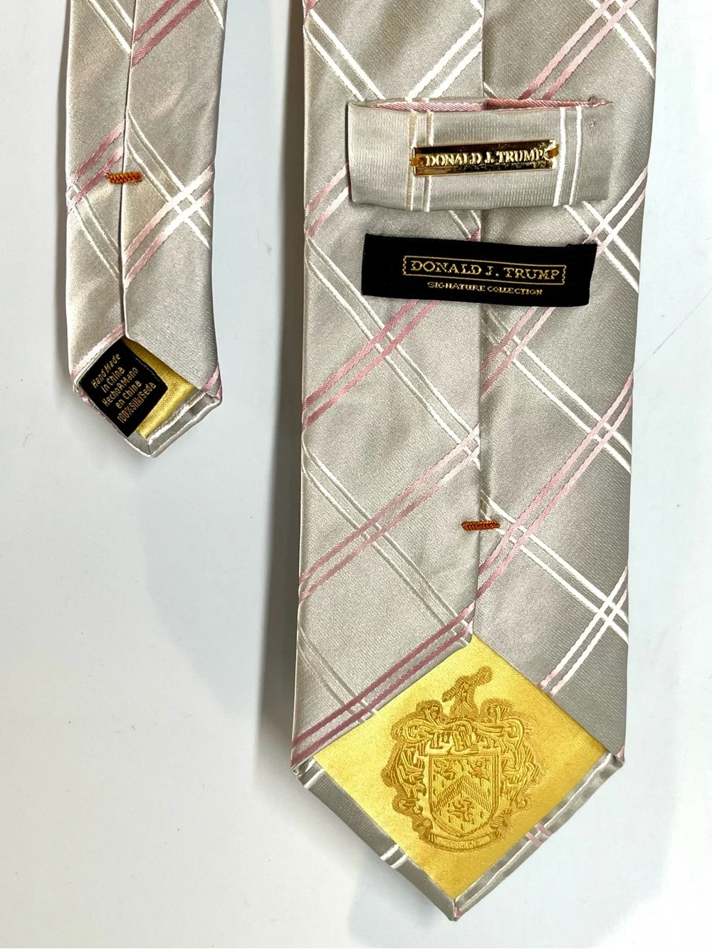 Donald J. Trump Tie Mens One Size Beige Silver Pink 100% Silk Classic Necktie